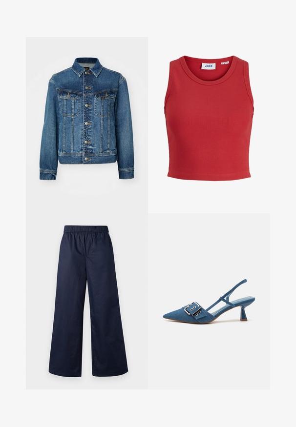Denimtakki keskisinisessä. Varustettu nappikiinnityksellä edessä, kahdella rintataskulla ja vaaleilla ompeluyksityiskohdilla. Klassinen kaulus ja pitkät hihat.; Punainen ribbikuvioinen ilman hihoja crop-top, jossa on pyöreä pääntie ja ommeltu helma. Sisällä kauluksessa on lapputunnus. Pehmeä, teksturoitu kangas.; Vyötäröltä joustavat tummansiniset leveälahkeiset housut, joissa on sileä pinta eikä näkyviä kiinnityksiä tai taskuja.; Denim slingback korkokengät, joissa on terävä nenä, säädettävä solkiremmi ja kiiltävä sininen korko. Pehmeä pinta ja vaaleansininen pohja.