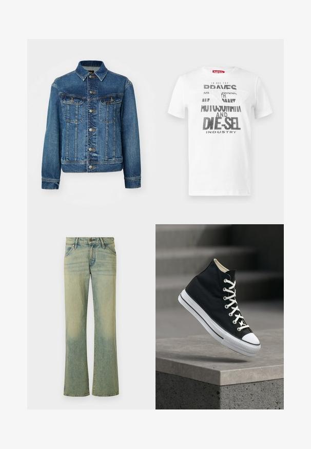 Denimtakki keskisinisessä. Varustettu nappikiinnityksellä edessä, kahdella rintataskulla ja vaaleilla ompeluyksityiskohdilla. Klassinen kaulus ja pitkät hihat.; Valkoinen puuvillainen t-paita, jossa mustalla lihavoidulla tekstillä sanat "DIE-SEL" ja "AUTOMAT". Pyöreä pääntie ja lyhyet hihat. Sileä pinta.; Vaaleansiniset farkut, joissa on väljät lahkeet, viisi taskua ja hieno haalistuminen. Kangas on sileä ja siinä on klassinen nappisuljenta.; Musta korkeavartinen lenkkari valkoisilla nauhoilla ja kumipohjalla tasapainoilemassa harmaan betonialustan reunalla.