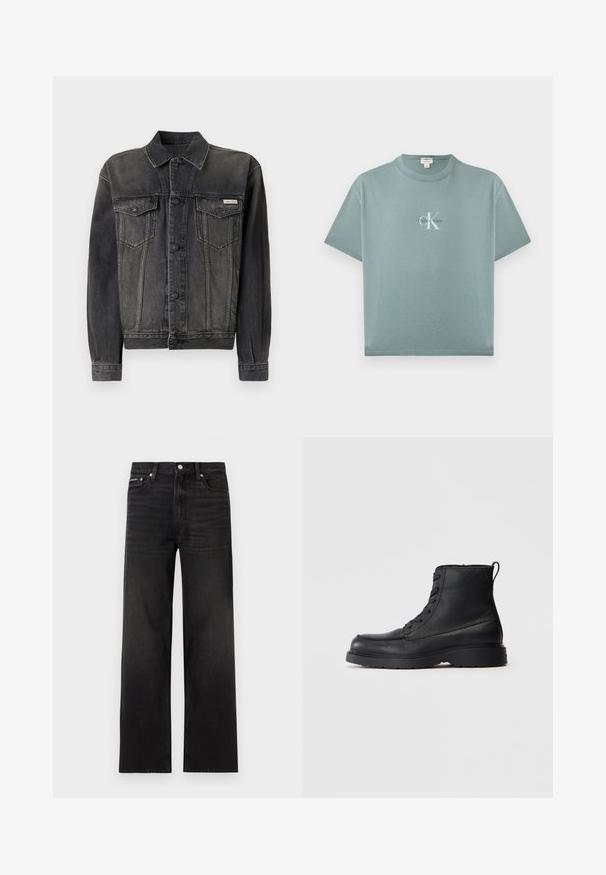 Sort denimjakke med knappelukning, brystlommer og krave. Har en falmet tekstur og kontrastfarvede ærmer. Etikette på brystet.; Lyseblågrøn kortærmet T-shirt med rund hals og centreret Calvin Klein-logo i hvid og sort tekst på forsiden.; Sorte jeans med lige ben, fem-lomme design, bæltestropper og knaplukning, vist på en hvid baggrund.; Sorte struktureret læder ankelstøvle med snørebånd, tykk sål og løkke bagpå, set fra siden.