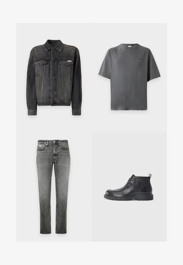 Sort denimjakke med knappelukning, brystlommer og krave. Har en falmet tekstur og kontrastfarvede ærmer. Etikette på brystet.; Grå bomulds t-shirt med rund halsudskæring og korte ærmer. Har en diskret gylden logo-detalje på fronten. Casual pasform og glat tekstur.; Grå denim jeans med lige ben, foran lommer, bæltestropper, knaplukning og diskrete slidte detaljer.; Sorte læder ankelstøvler med rund tå, snørelukning og en løkke bagpå. Tekstureret overdel og gummisål.