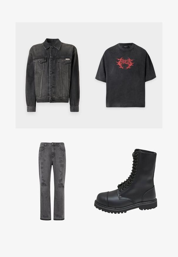 Zwarte dennenjack met een knoopsluiting, borstzakken en kraag. Heeft een vervaagde textuur en contrasterende mouwen. Label op de borst.; Zwart oversized T-shirt met korte mouwen en rood stekelig tekstontwerp in het midden van de borst met de tekst "FAVELA".; Grijze denim rechtvaardige jeans met verweerde details, met zichtbare scheuren en een licht afgeronde zoom, en sluiting met zilverkleurige knopen.; Zwarte leren gevechtslaars met een hoge schacht, vetersluiting aan de voorkant, gewatteerde kraag en een stevige, gestructureerde zool voor grip. Bevat een versterkte neus.