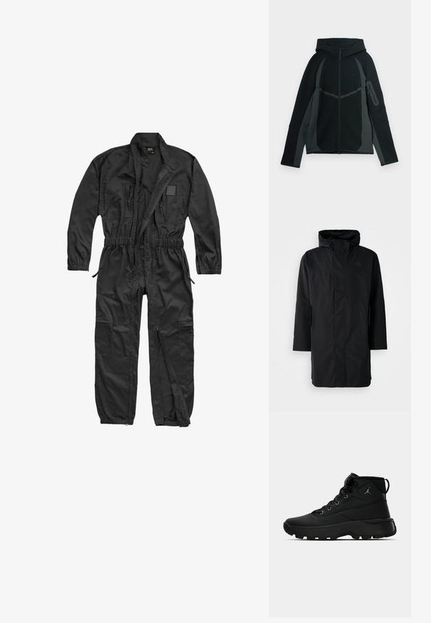 Čierna vodoodolná parka s vysokým golierom a nastaviteľnou kapucňou. Má predný zips, dlhé rukávy a dve bočné vrecká. Minimalistický dizajn.; Brandit BRANDIT HERREN EINSATZKOMBI - Overal - black; Čierna a tmavošedá mikina s kapucňou na zips vpredu, veľkou kapucňou a bočnými zipsovými vreckami. Má štruktúrovaný dizajn a kontrastné panely.; Čierne vysoké športové tenisky s textúrovaným syntetickým zvrškom, obsahujúce kovové očká, čierne šnúrky a gumovú podrážku s trakčnými vzormi.