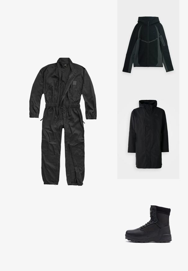 Zwarte waterdichte parka met hoge kraag en verstelbare capuchon. Voorzien van een rits aan de voorkant, lange mouwen en twee zijzakken. Minimalistisch ontwerp.; Brandit BRANDIT HERREN EINSATZKOMBI - Jumpsuit - black; Zwarte en donkergrijze hoodie met een ritssluiting aan de voorkant, een grote capuchon en een zijzak met ritssluiting. Heeft een gestructureerd ontwerp en contrasterende panelen.; Zwarte tactical boot met een gladlederen bovenkant en stofpanelen, hoge enkelontwerp, vetersluiting aan de voorkant en robuuste rubberen zool.