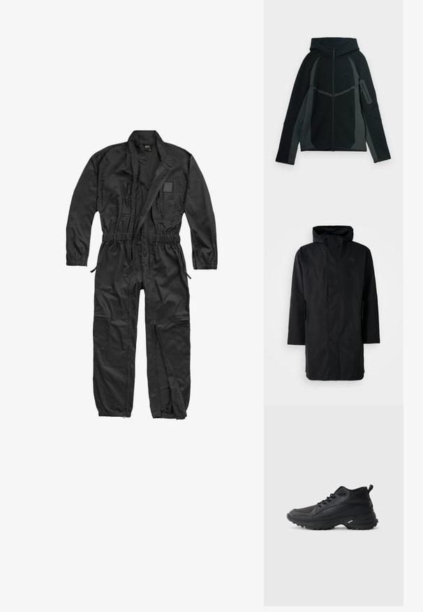 Schwarze wasserdichte Parka mit hohem Kragen und verstellbarem Kapuze. Verfügt über einen Frontreißverschluss, lange Ärmel und zwei Seitentaschen. Minimalistisches Design.; Brandit BRANDIT HERREN EINSATZKOMBI - Jumpsuit - black; Schwarzer und dunkelgrauer Hoodie mit einem Reißverschluss vorne, großer Kapuze und seitlicher Reißverschlusstasche. Verfügt über ein strukturiertes Design und kontrastierende Einsätze.; Schwarze Sportschuhe aus synthetischem Material. Ausgestattet mit einem gepolsterten Kragen, einer runden Spitze, einer robusten Laufsohle mit Profil und einem Markenlogo.