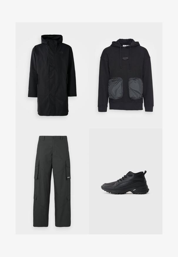 Čierna vodoodolná parka s vysokým golierom a nastaviteľnou kapucňou. Má predný zips, dlhé rukávy a dve bočné vrecká. Minimalistický dizajn.; Čierna mikina s kapucňou a voľným strihom, so štylizovanými dvoma veľkými prednými vreckami na zips z lesklého materiálu. Malá logo nášivka nad vreckami.; Čierne rovné nohavice cargo so bočnými vreckami s chlopňou, zapínaním na gombík, pútkami na opasok a malým bielym logom na chlopni pravého vrecka.; Čierne športové topánky vyrobené zo syntetického materiálu. Majú polstrovaný golier, okrúhlu špičku, pevný podrážku s trakciou a detail loga značky.