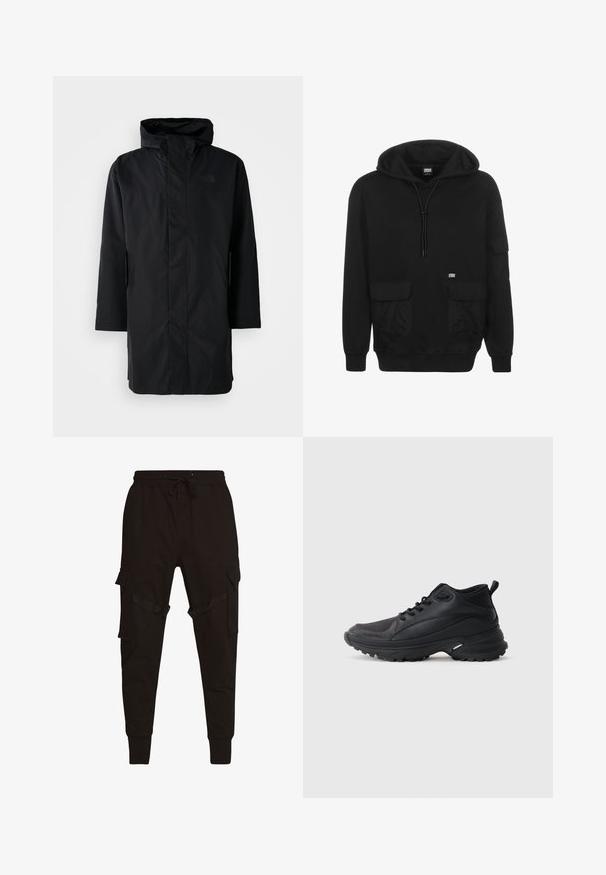 Zwarte waterdichte parka met hoge kraag en verstelbare capuchon. Voorzien van een rits aan de voorkant, lange mouwen en twee zijzakken. Minimalistisch ontwerp.; Zwarte hoodie gemaakt van zachte stof, voorzien van een capuchon met trekkoord, voorzakken en een logo-op-patch op de linker borst.; Zwarte cargobroek met een trekkoord in de taille, zijzakken en textuuraccenten op de cargozakken en riemen. Strakke boorden bij de enkels.; Zwarte sportschoenen gemaakt van synthetisch materiaal. Voorzien van een gevoerde kraag, ronde neus, stevige buitenzool met grip en merkembleem.