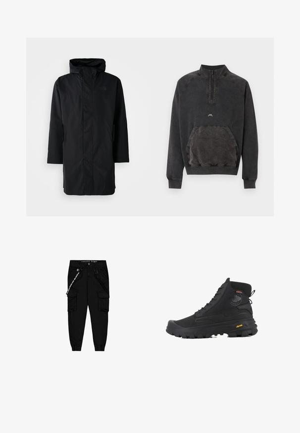 Parka negra impermeable con cuello alto y capucha ajustable. Cuenta con un cierre frontal, mangas largas y dos bolsillos laterales. Diseño minimalista.; Sudadera negra lavada con cremallera parcial, bolsillo canguro, puños y dobladillo acanalados, y pequeño logo "A C W" en el pecho.; Pantalones cargo negros de tela ligera, con dos bolsillos laterales, una cinturilla elástica y puños ajustables en los tobillos.; Botas altas negras con superficie texturizada, que cuentan con un diseño impermeable, sistema de cordones y una suela de goma prominente con la marca Vibram.