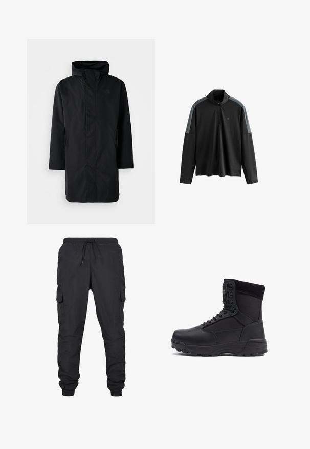 Must must vihmamantel kõrge krae ja reguleeritava kapuutsiga. Ees on lukuga, pikad varrukad ja kaks küljetaskut. Minimalistlik disain.; Must musta käsivarrekaartega pullover kõrge kraega, hallide õlavarre detailidega ja poolik tõmblukk, mis loob voolujoonelise, sportliku ilme.; Mustad mustama keebi vööga ja paelaga, küljetaskutega ja kinnitatud alläärtega. Valmistatud kerge ja vastupidava materjali sisse.; Musthave musta taktikaline saabas sileda nahk- ja kangapaneelidega, kõrge pahkluu disain, nööridega ees ja kõva kummitald.