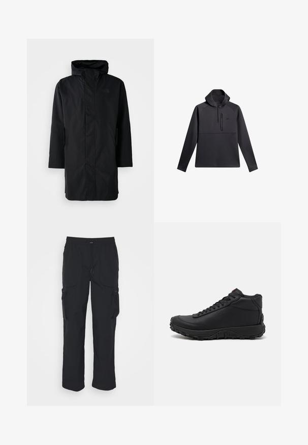 Schwarze wasserdichte Parka mit hohem Kragen und verstellbarem Kapuze. Verfügt über einen Frontreißverschluss, lange Ärmel und zwei Seitentaschen. Minimalistisches Design.; Schwarzer Pullover mit Kapuze, ausgestattet mit einem Viertel-Reißverschluss auf der Vorderseite, Raglanärmeln und einer mit Reißverschluss versehenen Brusttasche; glatte Textur und sportliches Design.; Schwarze Cargo-Hosen aus gewebtem Stoff. Mit verstellbarem Bund, Seitentaschen und zwei Utility-Taschen mit Reißverschlüssen.; Schwarze High-Top-Sneaker aus strukturiertem Leder, mit einer dicken Gummisohle mit Profil und Schnürdesign. Roter Akzent auf der Zunge.