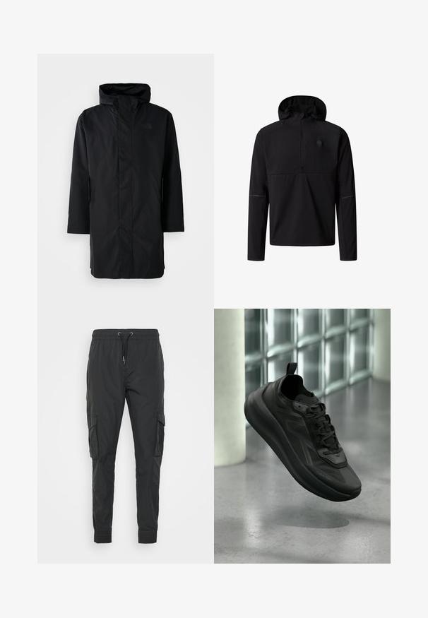 Zwarte waterdichte parka met hoge kraag en verstelbare capuchon. Voorzien van een rits aan de voorkant, lange mouwen en twee zijzakken. Minimalistisch ontwerp.; Zwarte long sleeve hoodie met een kwartrits en een subtiel logo op de linkerborst, ontworpen voor buitenshuis of casual dragen.; Zwarte cargobroek van lichtgewicht stof, met een verstelbare trekkoord taille, elastische manchetten en twee zijzakken.; Zwarte Calvin Klein sneaker met veters, opgeheven boven een gepolijste betonnen vloer, glazen blokmuur en pilaar op de vage achtergrond.