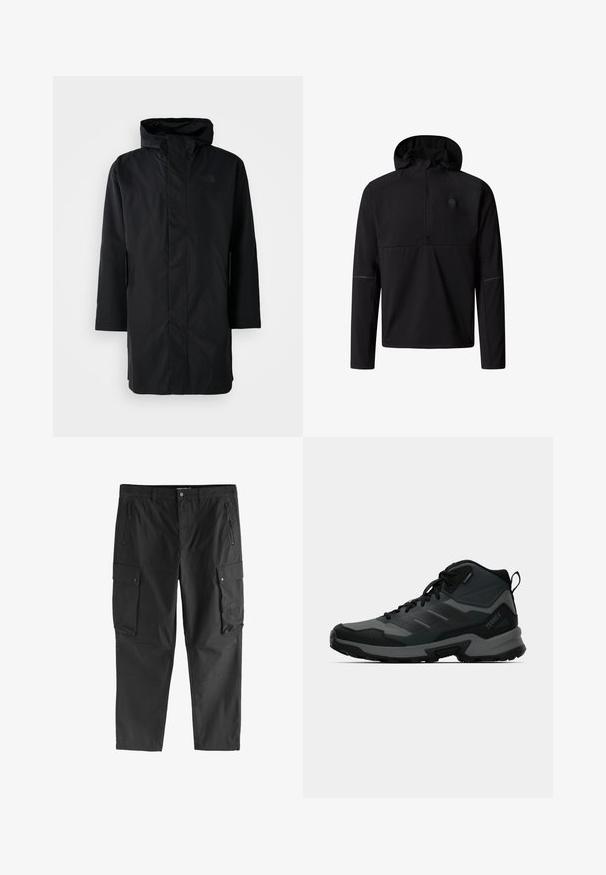 Parka negra impermeable con cuello alto y capucha ajustable. Cuenta con un cierre frontal, mangas largas y dos bolsillos laterales. Diseño minimalista.; Sudadera negra con capucha, de manga larga, con cremallera parcial y logo sutil en el pecho izquierdo, diseñada para uso al aire libre o casual.; Pantalones cargo negros con bolsillos frontales con cremallera, bolsillos laterales con solapa y botón, y trabillas para cinturón, exhibidos sobre un fondo blanco.; Zapato de senderismo de corte alto que presenta una combinación de materiales en negro y gris, parte superior texturizada, suela de goma y soporte reforzado para el tobillo.