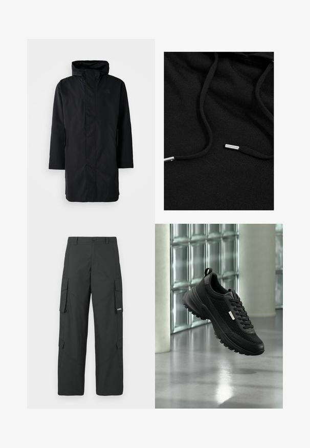 Zwarte waterdichte parka met hoge kraag en verstelbare capuchon. Voorzien van een rits aan de voorkant, lange mouwen en twee zijzakken. Minimalistisch ontwerp.; Zwarte hoodie van zachte stof. Voorzien van trekkoorden met metalen uiteinden en een gestructureerd oppervlak. Minimalistisch ontwerp zonder patronen.; Zwarte cargo broek met rechte pijpen, zijflapzakken, knoopsluiting, riemlussen en een klein wit logo op de flap van de rechterzak.; Zwarte sportieve sneaker met mesh zijkanten en dikke zool, die binnen zweeft nabij glasblokken en zuilen op een gladde vloer.
