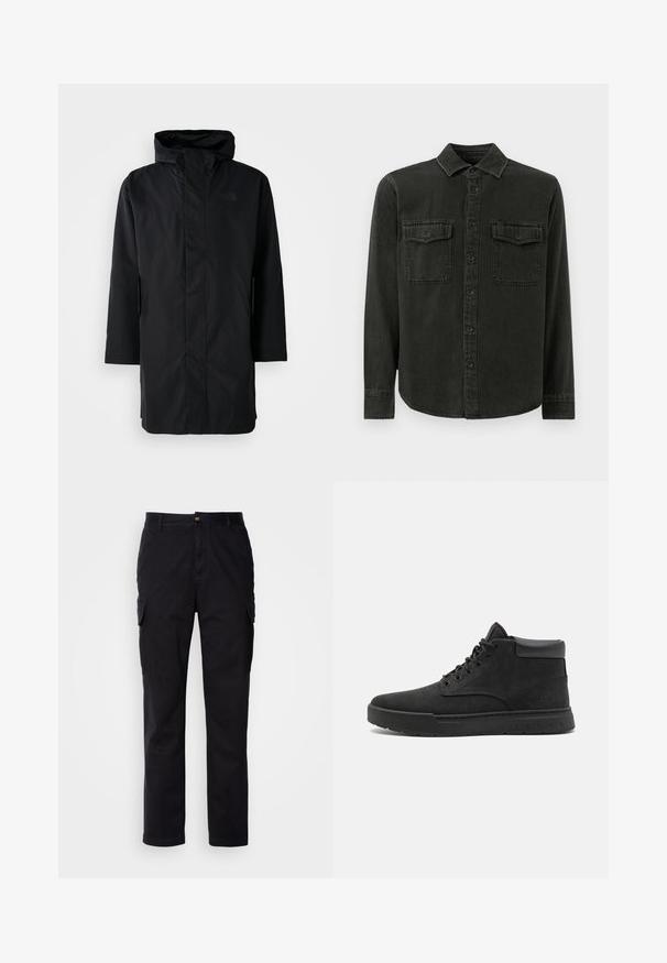 Parka negra impermeable con cuello alto y capucha ajustable. Cuenta con un cierre frontal, mangas largas y dos bolsillos laterales. Diseño minimalista.; Camisa verde oscura de botones hecha de un tejido suave, con cuello, dos bolsillos en el pecho, mangas largas y un dobladillo recto.; Pantalones cargo negros fabricados con tela resistente, que cuentan con dos bolsillos laterales, un cierre de botón y un diseño de pierna recta.; Botas de tobillo de ante negro con puntera redonda, suela de goma y cordones. Presentan un elegante acento de cuero negro en el talón y un sutil detalle del logo en el costado.