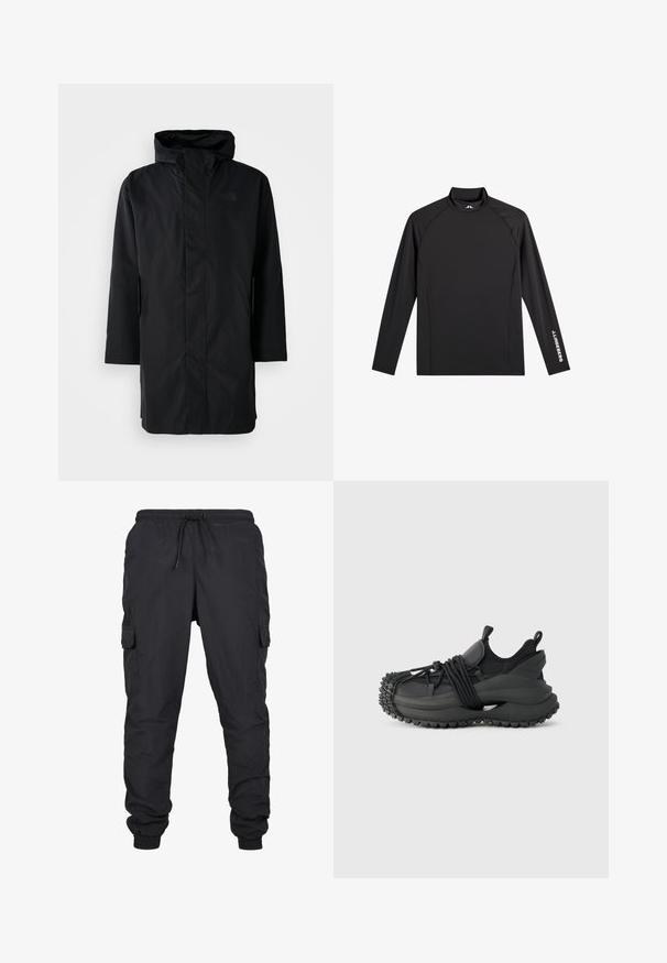 Zwarte waterdichte parka met hoge kraag en verstelbare capuchon. Voorzien van een rits aan de voorkant, lange mouwen en twee zijzakken. Minimalistisch ontwerp.; Zwart sporttopje met lange mouwen, opstaande kraag, slim fit en witte "J.Lindeberg"-logo op linkerarm en kraag.; Zwarte cargobroek met een elastische tailleband en trekkoord, voorzien van zijzakken en geribbelde uiteinden. Gemaakt van lichtgewicht, duurzaam materiaal.; Emporio Armani Sneakers laag - black