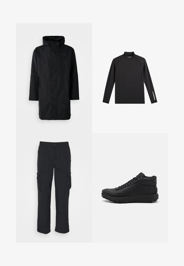 Schwarze wasserdichte Parka mit hohem Kragen und verstellbarem Kapuze. Verfügt über einen Frontreißverschluss, lange Ärmel und zwei Seitentaschen. Minimalistisches Design.; Schwarzes Langarm-Sportoberteil mit Stehkragen, schlanker Passform und weißem "J.Lindeberg"-Logo am linken Ärmel und Kragen.; Schwarze Cargo-Hosen aus gewebtem Stoff. Mit verstellbarem Bund, Seitentaschen und zwei Utility-Taschen mit Reißverschlüssen.; Schwarze High-Top-Sneaker aus strukturiertem Leder, mit einer dicken Gummisohle mit Profil und Schnürdesign. Roter Akzent auf der Zunge.