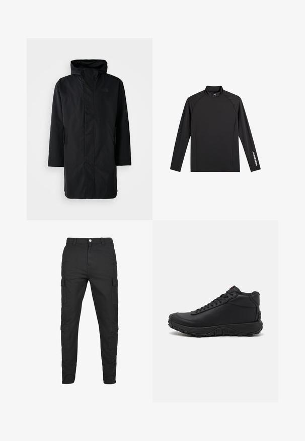 Parka imperméable noire avec un col haut et une capuche réglable. Comprend une fermeture éclair à l'avant, des manches longues et deux poches latérales. Design minimaliste.; Haut de sport noir à manches longues avec col montant, coupe ajustée, et logo blanc "J.Lindeberg" sur la manche gauche et le col.; Pantalons cargo noirs en tissu durable. Comprend plusieurs poches latérales, une fermeture à bouton et un design de jambe fuselée. Devant plat, sans motifs.; Baskets montantes noires en cuir texturé, avec une semelle en caoutchouc épaisse dotée de motifs de traction et un design à lacets. Accent rouge sur la languette.