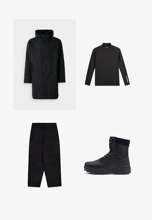 Sort vandtæt parka med høj krave og justerbar hætte. Har en frontlynlås, lange ærmer og to sidelommer. Minimalistisk design.; Sort atletisk top med lange ærmer, høj hals, tætsiddende pasform og hvidt "J.Lindeberg" logo på venstre ærme og krave.; Sorte cargo bukser med frontknap og lynlås, sidelommer med klap og knapper samt justerbare snore i benåbningerne.; Sort taktisk støvle med en glat læderoverdel og stofpaneler, høj ankeldesign, snørebånd foran og slidstærk gummisål.