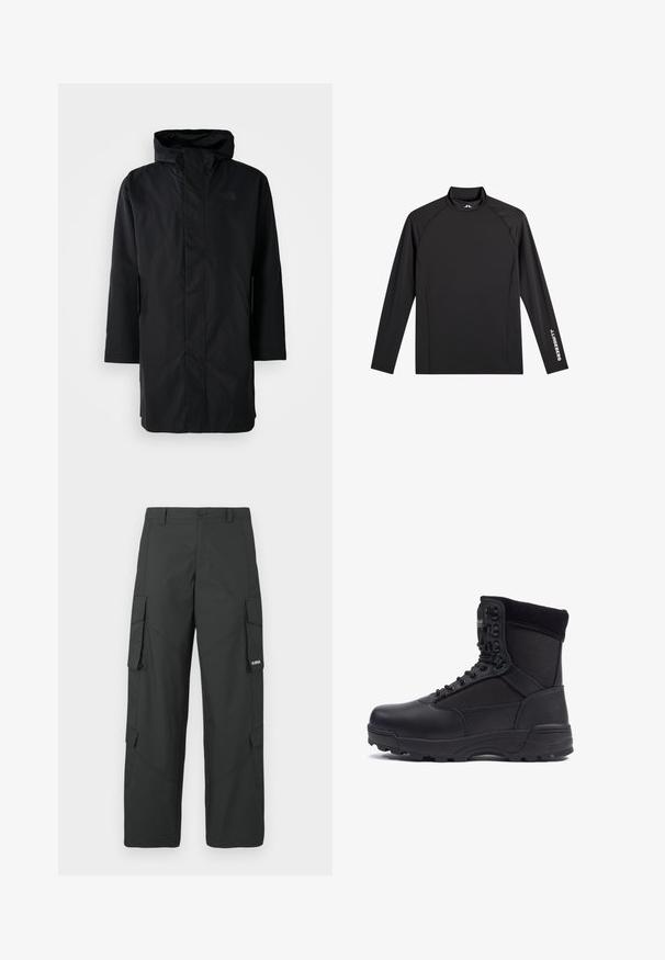 Parka negra impermeable con cuello alto y capucha ajustable. Cuenta con un cierre frontal, mangas largas y dos bolsillos laterales. Diseño minimalista.; Camiseta negra deportiva de manga larga con cuello alto falso, corte ajustado y logo blanco "J.Lindeberg" en la manga izquierda y el cuello.; Pantalones cargo rectos negros con bolsillos laterales con solapa, cierre de botón, trabillas para cinturón y pequeño logo blanco en la solapa del bolsillo derecho.; Bota táctica negra con parte superior de piel lisa y paneles de tela, diseño de tobillo alto, cierre con cordones y suela de goma resistente.