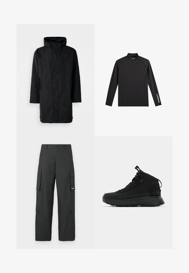Zwarte waterdichte parka met hoge kraag en verstelbare capuchon. Voorzien van een rits aan de voorkant, lange mouwen en twee zijzakken. Minimalistisch ontwerp.; Zwart sporttopje met lange mouwen, opstaande kraag, slim fit en witte "J.Lindeberg"-logo op linkerarm en kraag.; Zwarte cargo broek met rechte pijpen, zijflapzakken, knoopsluiting, riemlussen en een klein wit logo op de flap van de rechterzak.; Zwarte mid-cut wandelschoenen met een textiele bovenkant, versterkte neus, een veilig vetersysteem en een gevoerde zool voor grip.