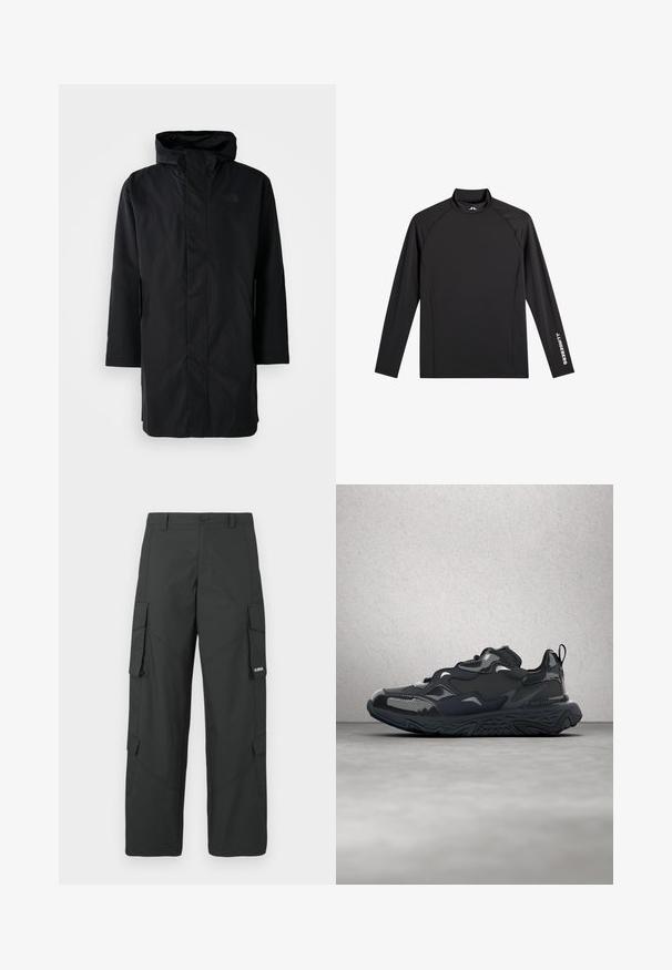 Parka negra impermeable con cuello alto y capucha ajustable. Cuenta con un cierre frontal, mangas largas y dos bolsillos laterales. Diseño minimalista.; Camiseta negra deportiva de manga larga con cuello alto falso, corte ajustado y logo blanco "J.Lindeberg" en la manga izquierda y el cuello.; Pantalones cargo rectos negros con bolsillos laterales con solapa, cierre de botón, trabillas para cinturón y pequeño logo blanco en la solapa del bolsillo derecho.; Zapatilla de correr negra con parte superior texturizada, detalles suaves y suela gruesa con dibujo de ondas, diseñada para ofrecer comodidad y durabilidad.
