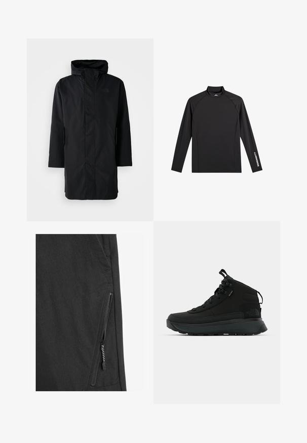 Schwarze wasserdichte Parka mit hohem Kragen und verstellbarem Kapuze. Verfügt über einen Frontreißverschluss, lange Ärmel und zwei Seitentaschen. Minimalistisches Design.; Schwarzes Langarm-Sportoberteil mit Stehkragen, schlanker Passform und weißem "J.Lindeberg"-Logo am linken Ärmel und Kragen.; Schwarzer Jackenstoff mit matter Oberfläche, ausgestattet mit einer seitlichen Reißverschlusstasche, feiner Nahtarbeit und einem eleganten modernen Design.; Schwarze Mid-Cut-Wanderschuhe mit einem Obermaterial aus strukturiertem Stoff, verstärkter Zehenkappe, sicherem Schnürsystem und einer gepolsterten Sohle für Traktion.