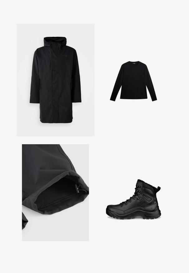 Zwarte waterdichte parka met hoge kraag en verstelbare capuchon. Voorzien van een rits aan de voorkant, lange mouwen en twee zijzakken. Minimalistisch ontwerp.; Zwart langslijks T-shirt van gladde stof, met een ronde hals en een subtiele logo op de voorkant, met een relaxte pasvorm.; Zwarte stoffen mouw met elastische manchet, met een gladde textuur en subtiele glans. Verstelbaar trekkoord bij de opening voor een goede pasvorm.; Zwarte hoge wandelschoen met gevoerde enkel, veterhaken, robuuste zool en treklus bij de hiel, ontworpen voor buitengebruik en koud weer.