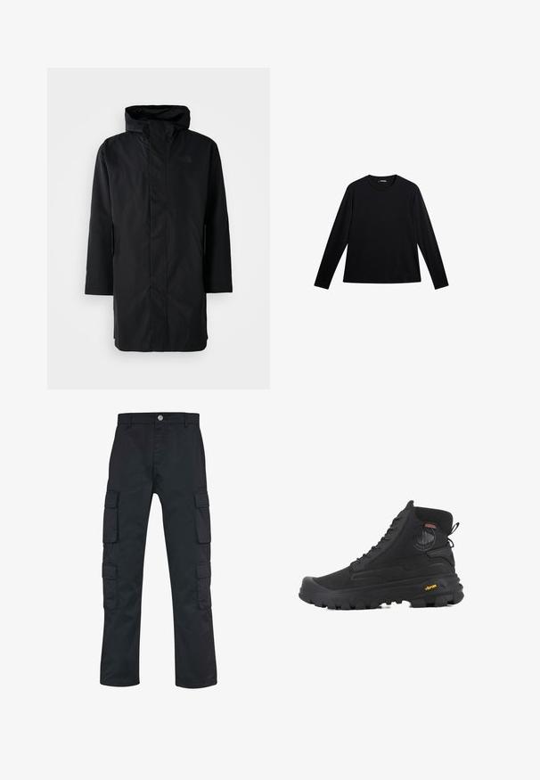 Zwarte waterdichte parka met hoge kraag en verstelbare capuchon. Voorzien van een rits aan de voorkant, lange mouwen en twee zijzakken. Minimalistisch ontwerp.; Zwart langslijks T-shirt van gladde stof, met een ronde hals en een subtiele logo op de voorkant, met een relaxte pasvorm.; Zwarte cargo broek met een recht model, gemaakt van duurzaam materiaal. Voorzien van meerdere zijzakken en een knoopsluiting.; Zwarte hoge laarzen met een gestructureerd oppervlak, voorzien van een waterdicht ontwerp, vetersysteem en een opvallende rubberen zool met Vibram-merktekens.