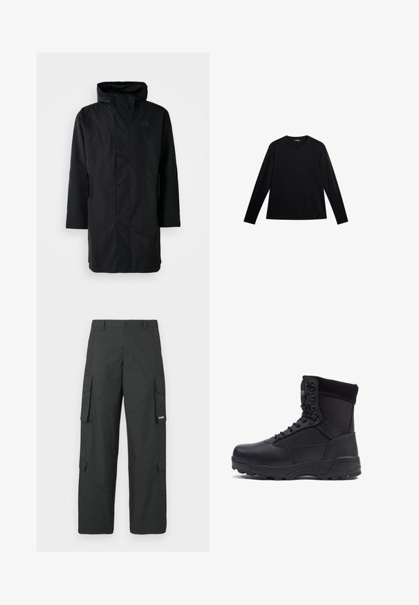 Schwarze wasserdichte Parka mit hohem Kragen und verstellbarem Kapuze. Verfügt über einen Frontreißverschluss, lange Ärmel und zwei Seitentaschen. Minimalistisches Design.; Schwarzes Langarm-T-Shirt aus glattem Stoff, mit Rundhalsausschnitt und einem dezenten Logo auf der Vorderseite, in lockerer Passform.; Schwarze gerade Cargo-Hosen mit seitlichen Klappentaschen, Druckknopfverschluss, Gürtelschlaufen und kleinem weißen Logo auf der Klappentasche rechts.; Schwarzer taktischer Stiefel mit einem glatten Lederoberteil und Stoffpaneelen, hoher Knöchelgestaltung, schnürbarem vorderen Teil und robustem Gummisohle.