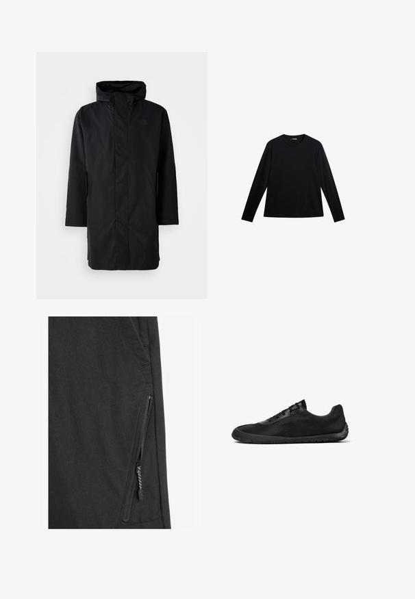 Parka negra impermeable con cuello alto y capucha ajustable. Cuenta con un cierre frontal, mangas largas y dos bolsillos laterales. Diseño minimalista.; Camiseta negra de manga larga hecha de tela suave, con cuello redondo y un logotipo sutil en el frente, con un corte holgado.; Tela de chaqueta negra con acabado mate, que cuenta con un bolsillo con cremallera en el lateral, costuras intrincadas y un diseño moderno y elegante.; Zapatilla negra de perfil bajo con parte superior de malla, cierre de cordones y suela de goma flexible, vista lateral sobre fondo blanco.