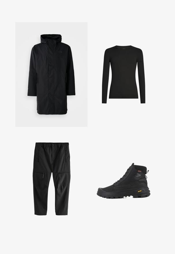 Schwarze wasserdichte Parka mit hohem Kragen und verstellbarem Kapuze. Verfügt über einen Frontreißverschluss, lange Ärmel und zwei Seitentaschen. Minimalistisches Design.; Schwarzes, langärmeliges, figurbetontes T-Shirt mit Rundhalsausschnitt und dezentem Icebreaker-Logo auf dem linken Ärmel, dargestellt vor weißem Hintergrund.; Schwarze leichte Hose mit elastischem Bund, zwei seitlichen Reißverschlusstaschen und zwei Reißverschluss-Cargotaschen. Glatte Textur und gerade Schnittführung.; Schwarze hohe Stiefel mit strukturierten Oberflächen, ausgestattet mit einem wasserdichten Design, Schnürsystem und einer ausgeprägten Gummisohle mit Vibram-Branding.