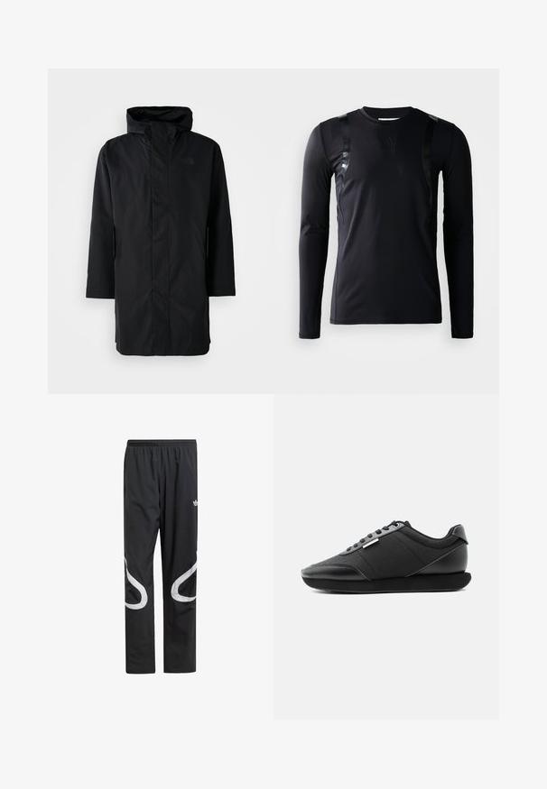 Zwarte waterdichte parka met hoge kraag en verstelbare capuchon. Voorzien van een rits aan de voorkant, lange mouwen en twee zijzakken. Minimalistisch ontwerp.; Zwarte lange-mouwen sportshirt gemaakt van glad, rekbaar materiaal. Kenmerkt zich door glanzende zwarte accenten op de schouders en een Adidas-logo op de borst.; Zwarte sportbroek met een elastische tailleband, voorzien van grote witte gebogen accenten aan de zijkanten en een klein logo op de bovenbenen.; Zwarte lage sneaker met getextureerde zijpanelen, bijpassende zwarte veters en een dikke, schuine zool op een effen witte achtergrond.