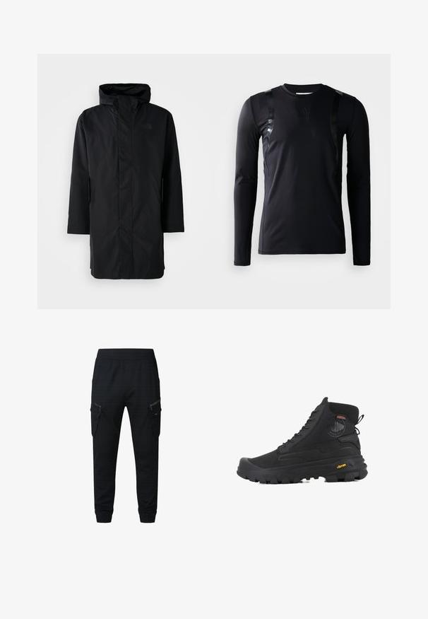 Čierna vodoodolná parka s vysokým golierom a nastaviteľnou kapucňou. Má predný zips, dlhé rukávy a dve bočné vrecká. Minimalistický dizajn.; Čierna športová košeľa s dlhým rukávom vyrobená z hladkej, elastickej látky. Obsahuje lesklé čierne akcenty na pleciach a logo Adidas na hrudi.; Čierne cargo nohavice s pohodlným strihom, vyrobené z ľahkej látky. Majú viacero vreciek so zipsom a elastické manžety pri členkoch.; Čierne vysoké topánky s textúrovaným povrchom, vybavené vodoodpudivým dizajnom, so systémom viazania a výraznou gumovou podrážkou s logom Vibram.