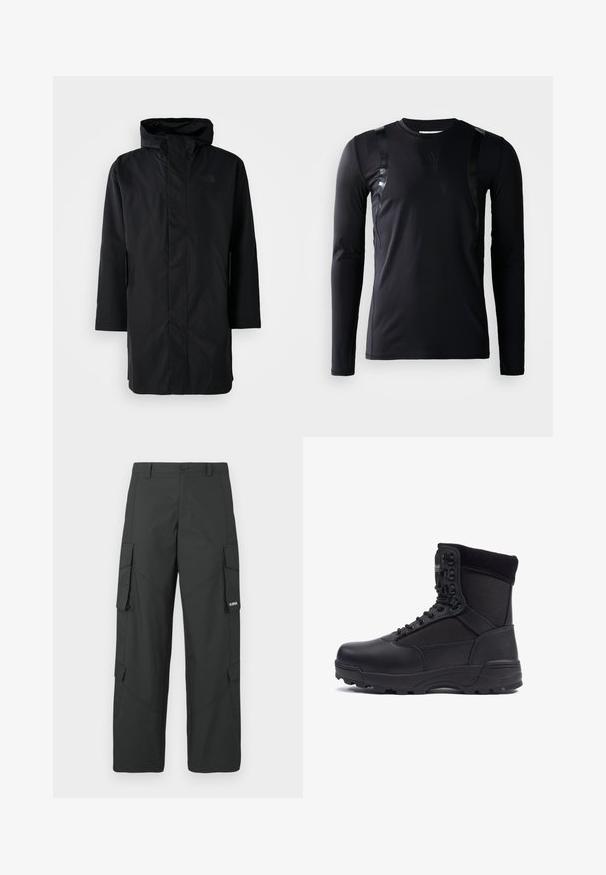 Čierna vodoodolná parka s vysokým golierom a nastaviteľnou kapucňou. Má predný zips, dlhé rukávy a dve bočné vrecká. Minimalistický dizajn.; Čierna športová košeľa s dlhým rukávom vyrobená z hladkej, elastickej látky. Obsahuje lesklé čierne akcenty na pleciach a logo Adidas na hrudi.; Čierne rovné nohavice cargo so bočnými vreckami s chlopňou, zapínaním na gombík, pútkami na opasok a malým bielym logom na chlopni pravého vrecka.; Čierna taktická bootka s hladkým koženým zvrškom a textilnými panelmi, vysoký dizajn nad členkami, šnurovanie vpredu a robustná gumová podrážka.