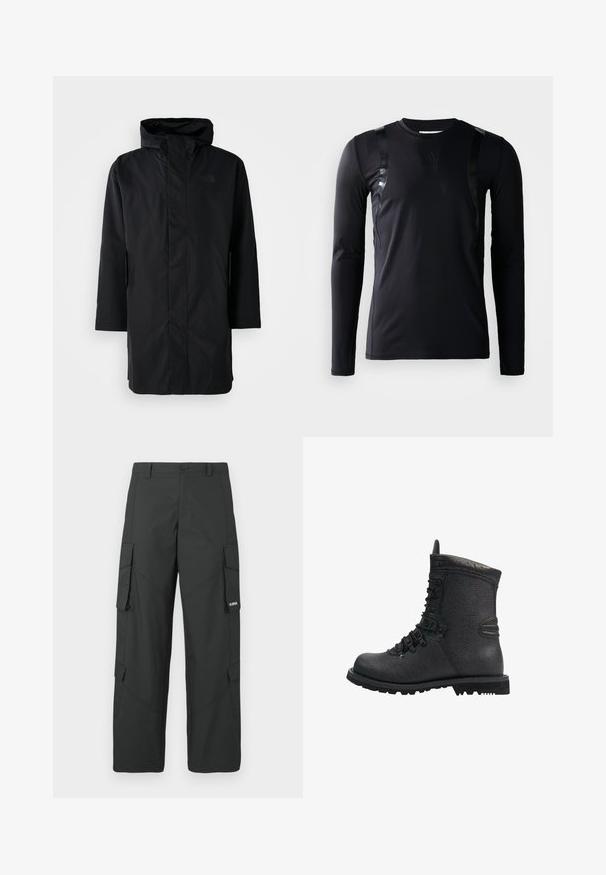 Čierna vodoodolná parka s vysokým golierom a nastaviteľnou kapucňou. Má predný zips, dlhé rukávy a dve bočné vrecká. Minimalistický dizajn.; Čierna športová košeľa s dlhým rukávom vyrobená z hladkej, elastickej látky. Obsahuje lesklé čierne akcenty na pleciach a logo Adidas na hrudi.; Čierne rovné nohavice cargo so bočnými vreckami s chlopňou, zapínaním na gombík, pútkami na opasok a malým bielym logom na chlopni pravého vrecka.; Čierna kožená turistická topánka s textúrovaným povrchom, polstrovaným golierom a hrubou gumovou podrážkou. Obsahuje kovové očká a kontrastné čierne akcenty.