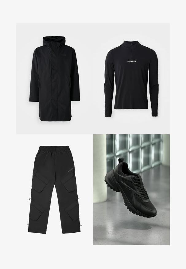 Čierna vodoodolná parka s vysokým golierom a nastaviteľnou kapucňou. Má predný zips, dlhé rukávy a dve bočné vrecká. Minimalistický dizajn.; Čierne tričko s dlhým rukávom a vysokým golierom, so štvrtinovým zipsom a bielym logom "CALVIN KLEIN" na prednej strane. Hladká, elastická látka.; Čierne cargo nohavice vyrobené z ľahkého, textúrovaného materiálu. Majú elastický pás, viacero veľkých vreciek a nastaviteľné manžety.; Čierna atletická teniska s textúrovanou podrážkou a šnúrkami, vznášajúca sa nad sivou podlahou s pozadím zo sklenených blokov.
