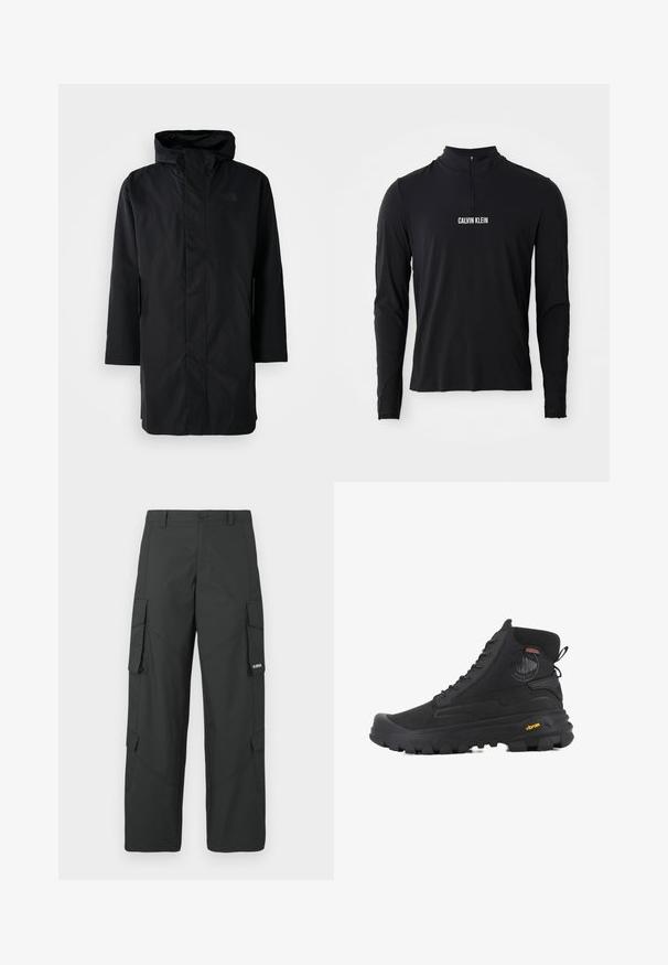 Parka negra impermeable con cuello alto y capucha ajustable. Cuenta con un cierre frontal, mangas largas y dos bolsillos laterales. Diseño minimalista.; Top negro de manga larga con cuello alto, que presenta una cremallera de cuarto y el logo blanco "CALVIN KLEIN" en la parte frontal. Tejido suave y elástico.; Pantalones cargo rectos negros con bolsillos laterales con solapa, cierre de botón, trabillas para cinturón y pequeño logo blanco en la solapa del bolsillo derecho.; Botas altas negras con superficie texturizada, que cuentan con un diseño impermeable, sistema de cordones y una suela de goma prominente con la marca Vibram.