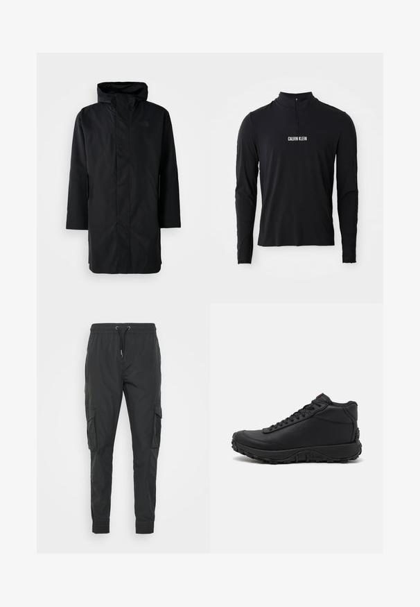 Schwarze wasserdichte Parka mit hohem Kragen und verstellbarem Kapuze. Verfügt über einen Frontreißverschluss, lange Ärmel und zwei Seitentaschen. Minimalistisches Design.; Schwarzes Langarmoberteil mit hohem Kragen, ausgestattet mit einem Viertel-Reißverschluss und weißem "CALVIN KLEIN" Logo auf der Vorderseite. Glatter, elastischer Stoff.; Schwarze Cargo-Hosen aus leichtem Stoff, mit einem verstellbaren Kordelzugbund, elastischen Bündchen und zwei Seitentaschen.; Schwarze High-Top-Sneaker aus strukturiertem Leder, mit einer dicken Gummisohle mit Profil und Schnürdesign. Roter Akzent auf der Zunge.