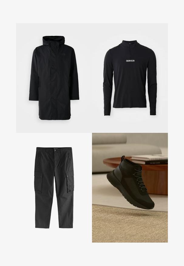 Čierna vodoodolná parka s vysokým golierom a nastaviteľnou kapucňou. Má predný zips, dlhé rukávy a dve bočné vrecká. Minimalistický dizajn.; Čierne tričko s dlhým rukávom a vysokým golierom, so štvrtinovým zipsom a bielym logom "CALVIN KLEIN" na prednej strane. Hladká, elastická látka.; Čierne cargo nohavice s vreckami na zips vpredu, vreckami s chlopňami na bočnej strane zapínanými na gombíky a pútkami na opasok, vystavené na bielom pozadí.; Čierna vysoká teniska so šnúrkami vznášajúca sa nad béžovým kobercom, drevený okrúhly stôl s pohromade naukladanými knihami v svetlej modernej obývačke.