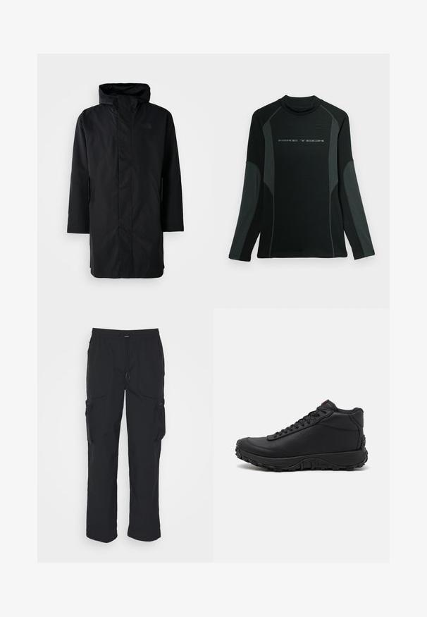 Parka negra impermeable con cuello alto y capucha ajustable. Cuenta con un cierre frontal, mangas largas y dos bolsillos laterales. Diseño minimalista.; Camisa negra de manga larga con cuello alto, hecha de una tela texturizada. Presenta paneles laterales grises y el logo "NIKE TECH" en el pecho.; Pantalones cargo negros hechos de tejido tejido. Cuenta con una cinturilla ajustable, bolsillos laterales y dos bolsillos de utilidad con cremalleras.; Zapatillas altas negras hechas de cuero texturizado, con suela de goma gruesa con patrones de tracción y diseño de cordones. Acabado en rojo en la lengüeta.