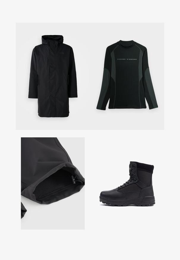 Schwarze wasserdichte Parka mit hohem Kragen und verstellbarem Kapuze. Verfügt über einen Frontreißverschluss, lange Ärmel und zwei Seitentaschen. Minimalistisches Design.; Schwarzes langärmliges Shirt mit hohem Kragen, aus strukturiertem Stoff. Hat graue Seitenpanels und das "NIKE TECH"-Logo auf der Brust.; Schwarze Stoffhülse mit elastischem Bündchen, verfügt über eine glatte Textur und einen subtilen Glanz. Verstellbarer Kordelzug am Öffnungsrand für eine optimale Passform.; Schwarzer taktischer Stiefel mit einem glatten Lederoberteil und Stoffpaneelen, hoher Knöchelgestaltung, schnürbarem vorderen Teil und robustem Gummisohle.
