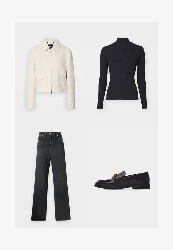 Lyhytnuttua off-white tekstuurilla varustetusta kankaasta, jossa on pystykaulus ja sivutaskut, edessä vetoketjukiinnitys ja minimaalista metallia.; Mustassa ribbattu poolopaita, jossa on pitkät hihat. Valmistettu joustavasta kankaasta, joka on muotoon mietitty ja korkea kaulus. Yksinkertainen malli ilman koristeita.; Musta leveälahkeiset farkut korkealla vyötäröllä, joissa on napillinen suljenta, viisi taskua ja kangasmateriaalin hienovarainen haalistuma.; Musta nahkainen loafer-kenkä, jossa on kultainen solkisomiste ja matala korko, esitetty sivuprofiilissa yksinkertaisella vaalealla taustalla.