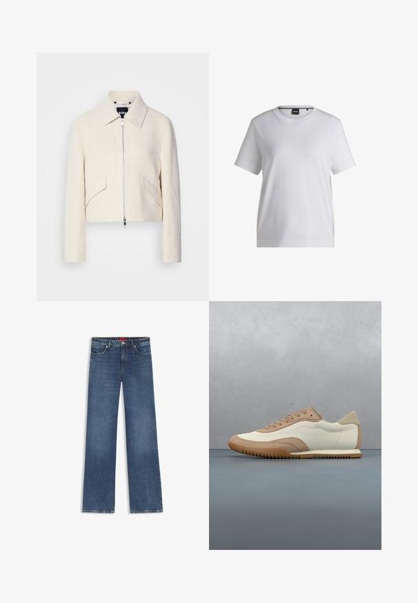 Veste courte en tissu texturé blanc cassé, avec col montant et poches latérales, fermeture éclair à l'avant et quincaillerie minimaliste.; T-shirt en coton blanc avec un col rond, des manches courtes et une coupe décontractée. Il présente une petite étiquette de marque près du col.; Jean en denim bleu à jambes droites avec poches avant, passants pour ceinture et fermeture par bouton.; Baskets crème et beige avec une tige texturée, des lacets et une semelle en caoutchouc, présentées au-dessus d'une surface en bois avec des cailloux.