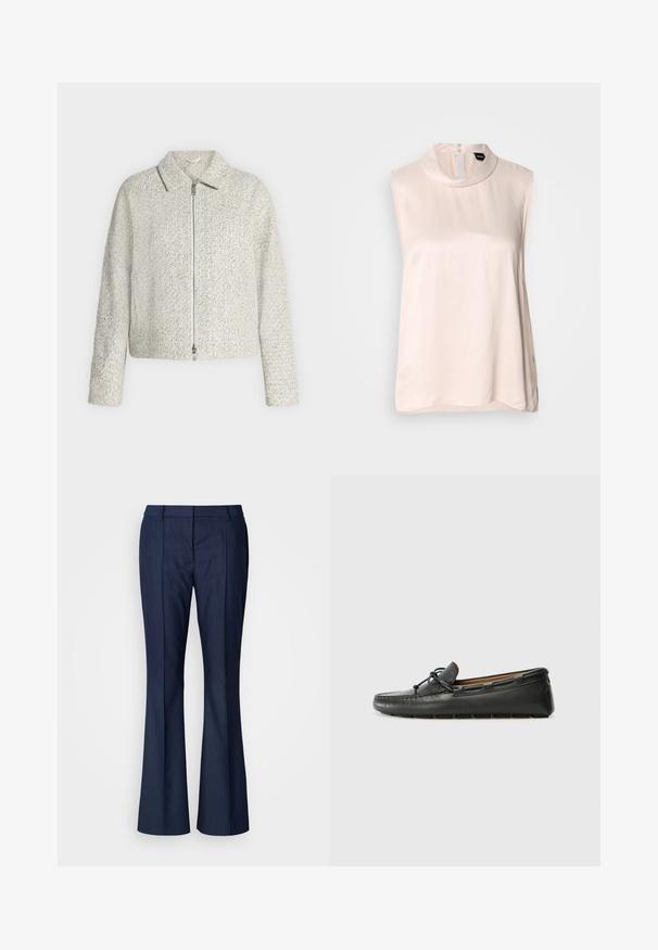 Veste zippée gris clair texturée avec manches longues et col plat, présentée sur un fond blanc uni.; Blouse sans manches rose pâle avec un col haut, confectionnée dans un tissu lisse et brillant. Elle présente une fermeture à boutons dans le dos et un ourlet arrondi.; Pantalon évasé bleu marine en tissu texturé avec des plis latéraux et une ceinture ajustée pour une silhouette cintrée.; Bateau en cuir noir avec un bout arrondi, des détails de couture, un petit accent en nœud et une semelle en caoutchouc. Texture lisse et design épuré.