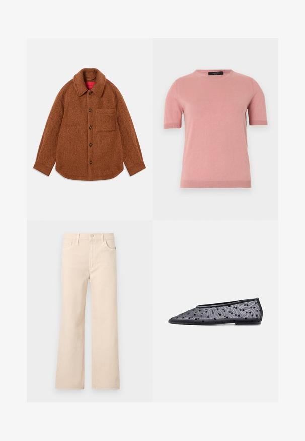 Veste-shirt en laine marron avec une finition texturée, un col et des fermetures à bouton. Dotée d'une poche poitrine simple sur la gauche.; Pull tricoté rose pâle à manches courtes avec col rond et poignets et ourlet côtelés, présenté sur un fond uni clair.; Jean beige à jambes larges en coton, doté d'un design classique à cinq poches et d'une fermeture par bouton à la taille. Texture lisse et durable.; Chaussure plate noire à bout pointu, en tissu transparent avec un motif à pois noirs sur un fond clair.