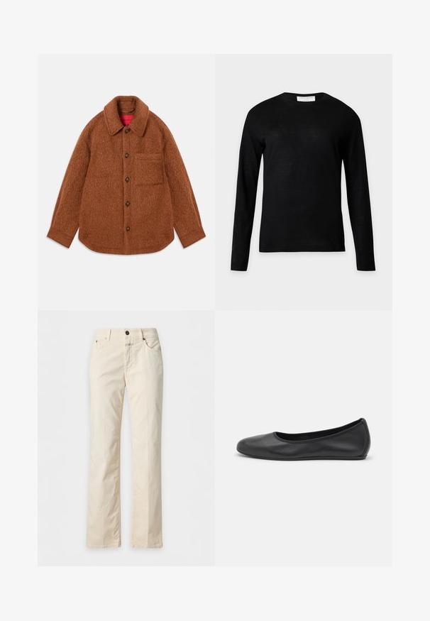 Veste-shirt en laine marron avec une finition texturée, un col et des fermetures à bouton. Dotée d'une poche poitrine simple sur la gauche.; Pull noir à manches longues col rond avec une petite étiquette blanche au niveau du col arrière, présenté sur un fond gris clair uni.; Jean droit de couleur crème avec poches avant, passants de ceinture, fermeture éclair et bouton sur fond uni.; Ballerines en cuir noir avec un bout rond, texture lisse, détails de couture minimalistes et design de semelle flexible.