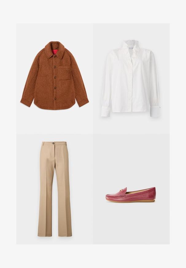 Veste-shirt en laine marron avec une finition texturée, un col et des fermetures à bouton. Dotée d'une poche poitrine simple sur la gauche.; Chemisier blanc en coton avec un col volanté, des manches longues bouffantes et un devant boutonné orné de boutons ressemblant à des perles.; Pantalon beige à jambe droite avec pli avant, fermeture par bouton et passants pour ceinture, présenté sur un fond uni.; Mocassins en cuir rouge avec une finition texturée, semelle plate et un accent doré décoratif sur le devant. Bout arrondi et design à enfiler.