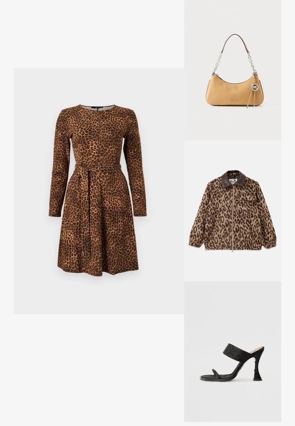 Leopardenmusterjacke mit braunem Lederkragen, vorderem Reißverschluss, elastischen Bündchen und einer Brusttasche. Strukturierter Stoff mit weicher Optik.; Braunes Kleid mit Leopardenmuster, langen Ärmeln, rundem Ausschnitt und Taillengürtel. A-Linien-Silhouette mit ausgestelltem Rock und glatter Stoffstruktur.; Schwarze High-Heelsandalen mit einem gepolsterten Oberriemen und einem dünnen Knöchelriemen. Bietet eine einzigartige skulptierte Fersenform. Glatte Textur.; Tasche von Michael Kors aus cognacfarbenem Leder mit silberner Kettenhenkel, Logo-Anhänger und der Aufschrift "MICHAEL KORS" vorne.