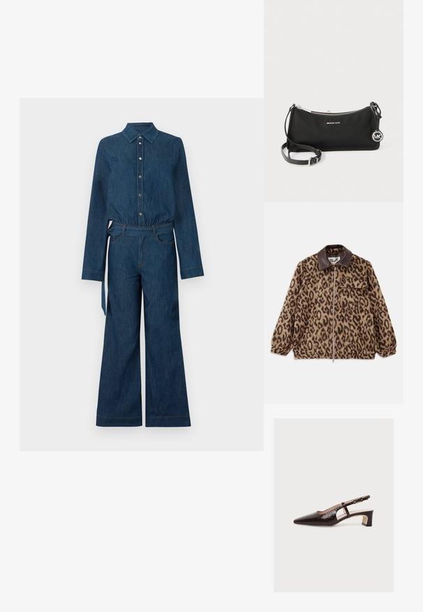 Leopardenmusterjacke mit braunem Lederkragen, vorderem Reißverschluss, elastischen Bündchen und einer Brusttasche. Strukturierter Stoff mit weicher Optik.; Dunkelblauer Denim-Overall mit langen Ärmeln, durchgehendem Knopfverschluss, Kragen, weiten Beinen und einem passenden Stoffgürtel an der Taille.; Brauner Slingback-Schuh mit spitzer Kappe, niedrigem Blockabsatz, Krokodilmuster, seitlichem Ausschnitt und verstellbarem Schnallenriemen, abgebildet auf weißem Hintergrund.; Schwarze Michael Kors Umhängetasche mit silbernem Reißverschluss, verstellbarem Riemen und rundem MK-Logo-Anhänger vor weißem Hintergrund.