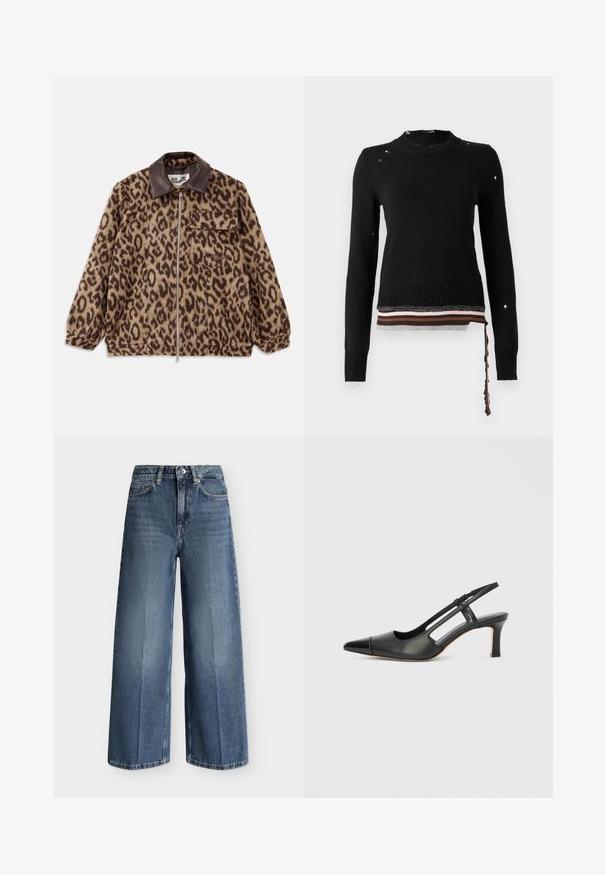 Chaqueta de estampado de leopardo con un cuello de cuero marrón, cierre frontal con cremallera, puños elásticos y un bolsillo en el pecho. Tejido texturizado con un aspecto suave.; Suéter negro de punto de manga larga con agujeros desgastados, puños acanalados, escote redondo y dobladillo con capa a rayas con una cinta colgante en el lado derecho.; Vaqueros anchos de mezclilla azul con cintura elástica, cierre frontal de botones y bolsillos delanteros sobre fondo blanco.; Zapato slingback de cuero negro con punta afilada, con un acento brillante en la puntera y un tacón de altura media. Diseño con lateral abierto.