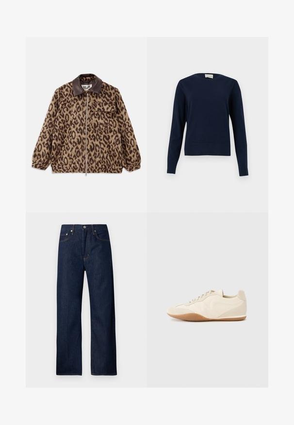 Leopardenmusterjacke mit braunem Lederkragen, vorderem Reißverschluss, elastischen Bündchen und einer Brusttasche. Strukturierter Stoff mit weicher Optik.; Marineblauer Pullover mit Rundhalsausschnitt und langen Ärmeln, mit gerippten Bündchen und Saum, vor einem schlichten hellen Hintergrund dargestellt.; Dunkelblaue Denim-Jeans mit geradem Bein, fünf Taschen und Kontrastnähten. Hergestellt aus robustem Baumwollstoff.; Hellbeige Sneaker mit strukturiertem Lederupper, strukturierten seitlichen Einsätzen und einer Gummisohle. Verfügt über ein schlankes, stromlinienförmiges Design und flache Schnürsenkel.